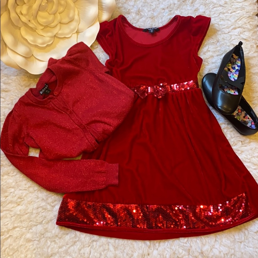 Girls red velvet dress with sweater